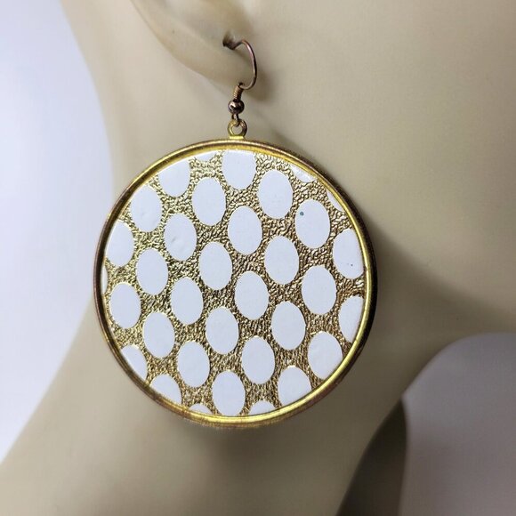 Gold and White Round Earrings Large round Glitter Earrings - Picture 1 of 3